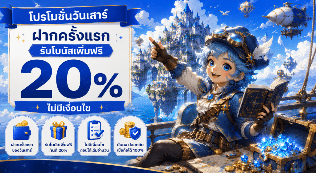 โปรโมชันวันเสาร์ฝากครั้งแรก รับโบนัสเพิ่มฟรี 20% ไม่มีเงื่อนไข