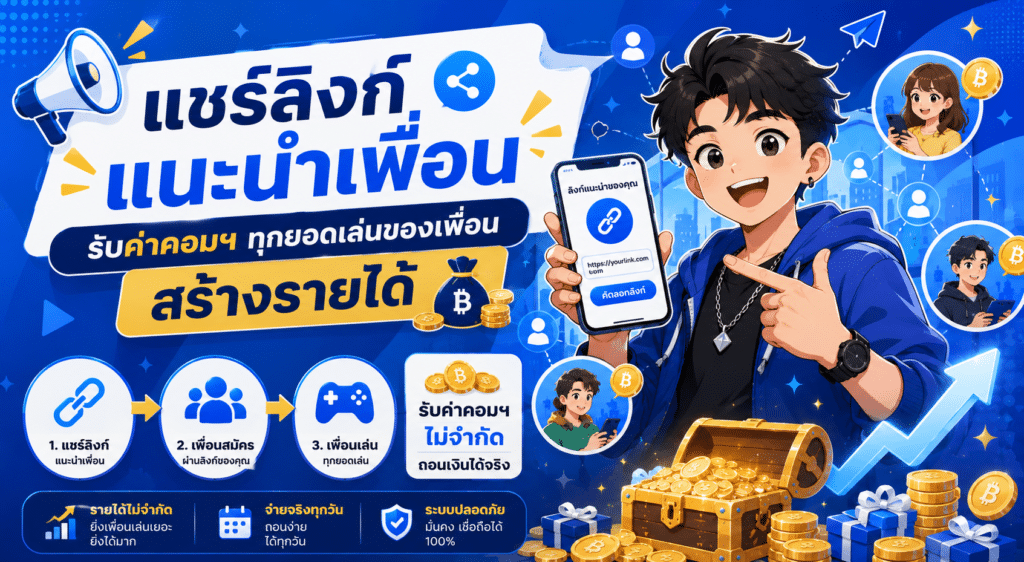 แชร์ลิงก์แนะนำเพื่อน รับค่าคอมฯ ทุกยอดเล่นของเพื่อน สร้างรายได้